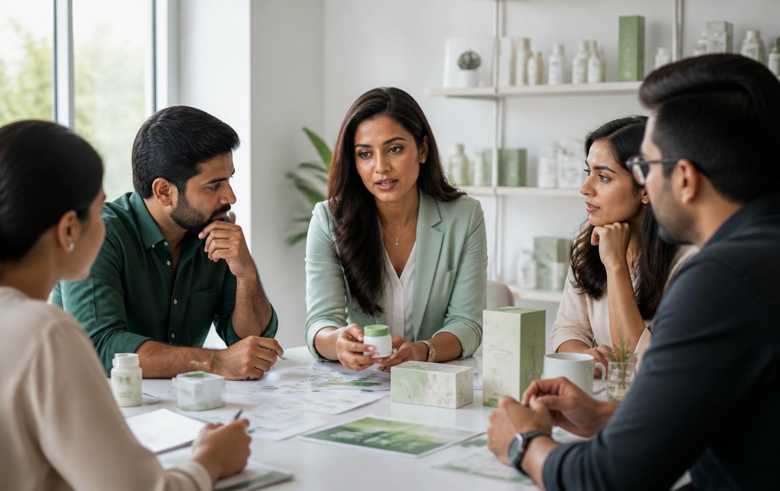 Indian healthcare product specialists reviewing launch strategy and packaging
